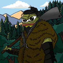 a cartoon of a frog with a beard holding an axe in a forest