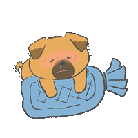 a cartoon of a pug dog laying on a blue blanket