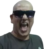 a bald man wearing sunglasses and a black shirt with a skull on it