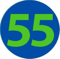 a blue and green circle with the number 55 on it