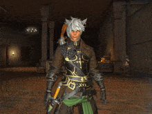 a man with white hair is standing in a room with a sword