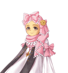 a girl wearing a pink hijab with a bow