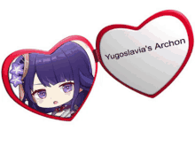 a heart shaped mirror with a picture of a girl and the words yugoslavia 's archon