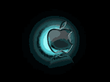 an apple logo with a blue light behind it on a black background