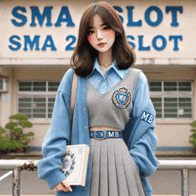 a girl stands in front of a sign that says sma slot sma 2 slot