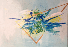 a blue and yellow painting with a gold triangle in the center