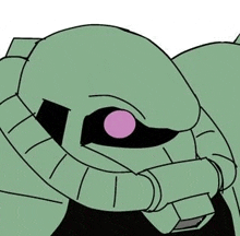 a cartoon drawing of a green robot with a pink eye and a pink nose .