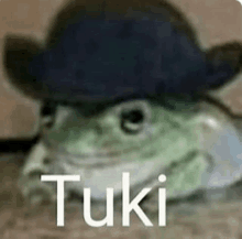 a frog wearing a cowboy hat and the word tuki .