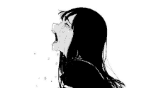 a black and white drawing of a girl crying with tears coming out of her eyes .