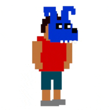 a pixel art of a man wearing a blue rabbit mask .