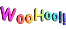 the word woohoo is written in rainbow colors on a white background