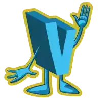 a blue letter v with arms and legs waving his hand