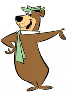 yogi bear is wearing a hat and tie and is standing with his arms outstretched and smiling .