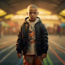 a young boy wearing a bomber jacket and a t-shirt with a picture of a skateboarder on it