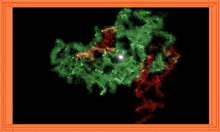 a picture of a green and red nebula in a orange frame