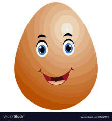 a cartoon egg with a smiling face and blue eyes