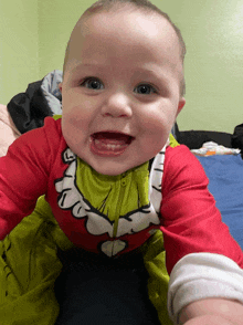 a baby wearing a grinch costume is smiling and looking at the camera