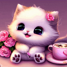 a cat sitting next to a cup of coffee and roses