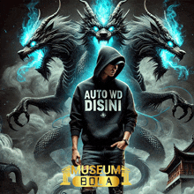 a man in a black hoodie with the words auto wd disini on it