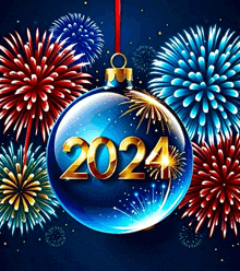 a christmas ornament with the year 2024 written on it surrounded by fireworks .