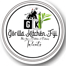 a logo for gorilla kitchen fiji shows a bull and a plant