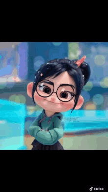 a cartoon girl wearing glasses and a ponytail .