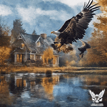 a painting of an eagle flying over a house and a body of water