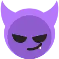 a purple devil smiley face with horns and a tooth .