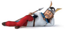 a 3d cartoon of a viking laying down with a spear .