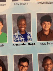 a picture of a boy with the name alexander mega on the bottom