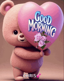 a teddy bear is holding a heart shaped balloon that says good morning chris