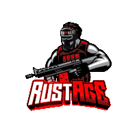 a logo for rustage has a soldier holding a gun