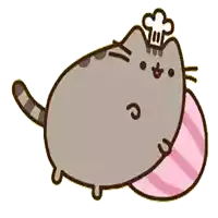 a cartoon cat wearing a chef 's hat is holding a pink ball