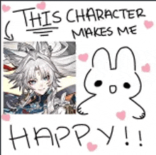 a picture of a girl and a bunny with the words `` this character makes me happy '' .