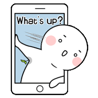 a cartoon character is standing next to a cell phone with the words `` what 's up '' written on it .