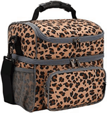 a leopard print lunch bag with a black handle and a shoulder strap .