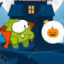 a cartoon character is standing in front of a haunted house with a pumpkin on it .