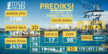 a poster for prediksi sydney pools shows a picture of sydney