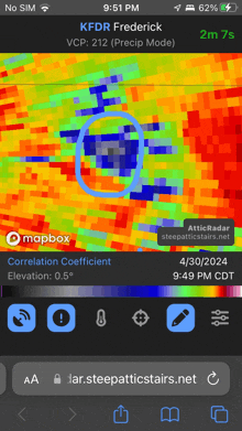 a phone screen shows a map of kfdr frederick vcp 212 ( precip mode )