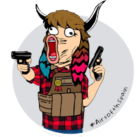 a cartoon of a woman with horns holding two guns with the hashtag #airsoftinspain below her