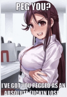 a picture of a anime girl with a caption that says peg you ? i 've got you pegged as an absolute