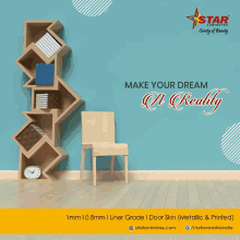 an advertisement for star laminates shows a bookshelf and chair