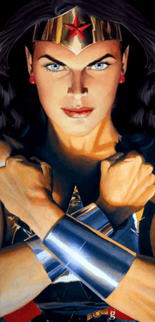 a painting of wonder woman has a red star on her head