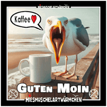 a seagull standing next to a cup of coffee with a speech bubble saying kaffee