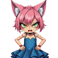 a girl with pink hair and cat ears is looking angry