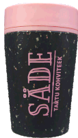 a black cup with a pink lid that says sade on it