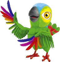 a colorful cartoon parrot with a blue head