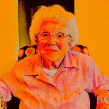 a painting of an elderly woman wearing glasses and a purple shirt