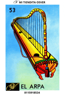 a colorful drawing of a harp with the number 53 above it