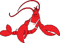 a cartoon lobster wearing an apron that says b & m on it